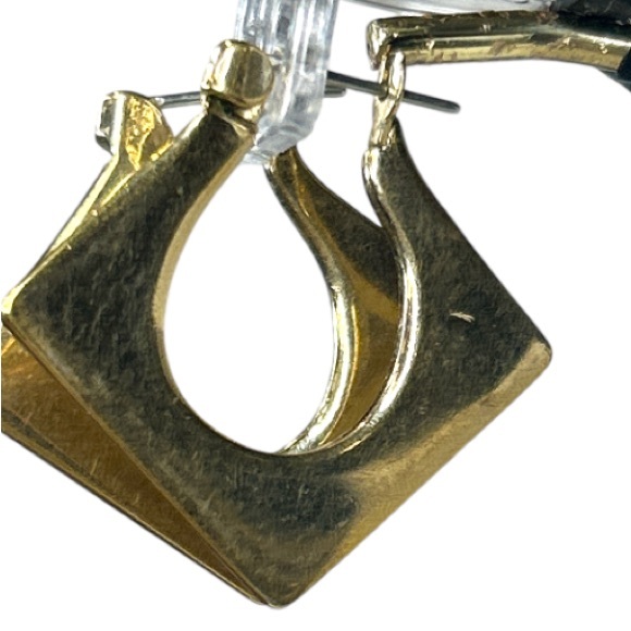 Vintage 90s Hoop Earrings pierced Gold Tone Jigsaw Chunky Square Elegant size 1" - Picture 8 of 12